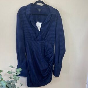 New Bardot Viera Pinstripe Long Sleeve Mini Shirtdress Navy Blue Women's Size 10